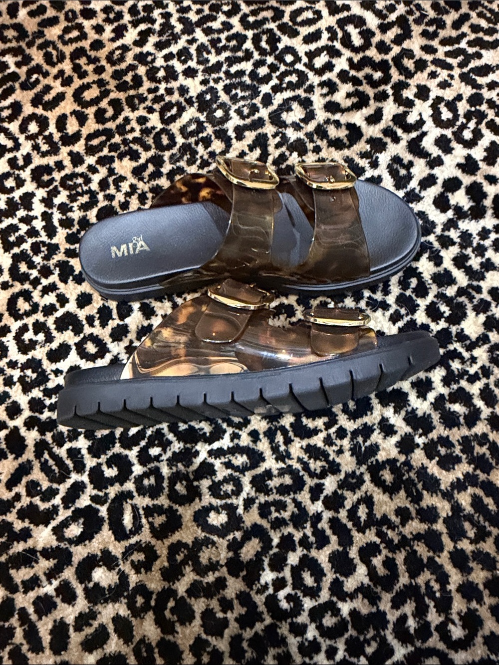 MIA Tortoiseshell Double-Strap Slide Sandals with Gold Buckles - Picture 2 of 4